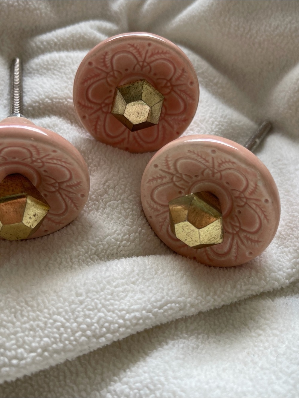 3 Anthropologie Blush Pink Floral Ceramic Knobs with Hex Brass Caps